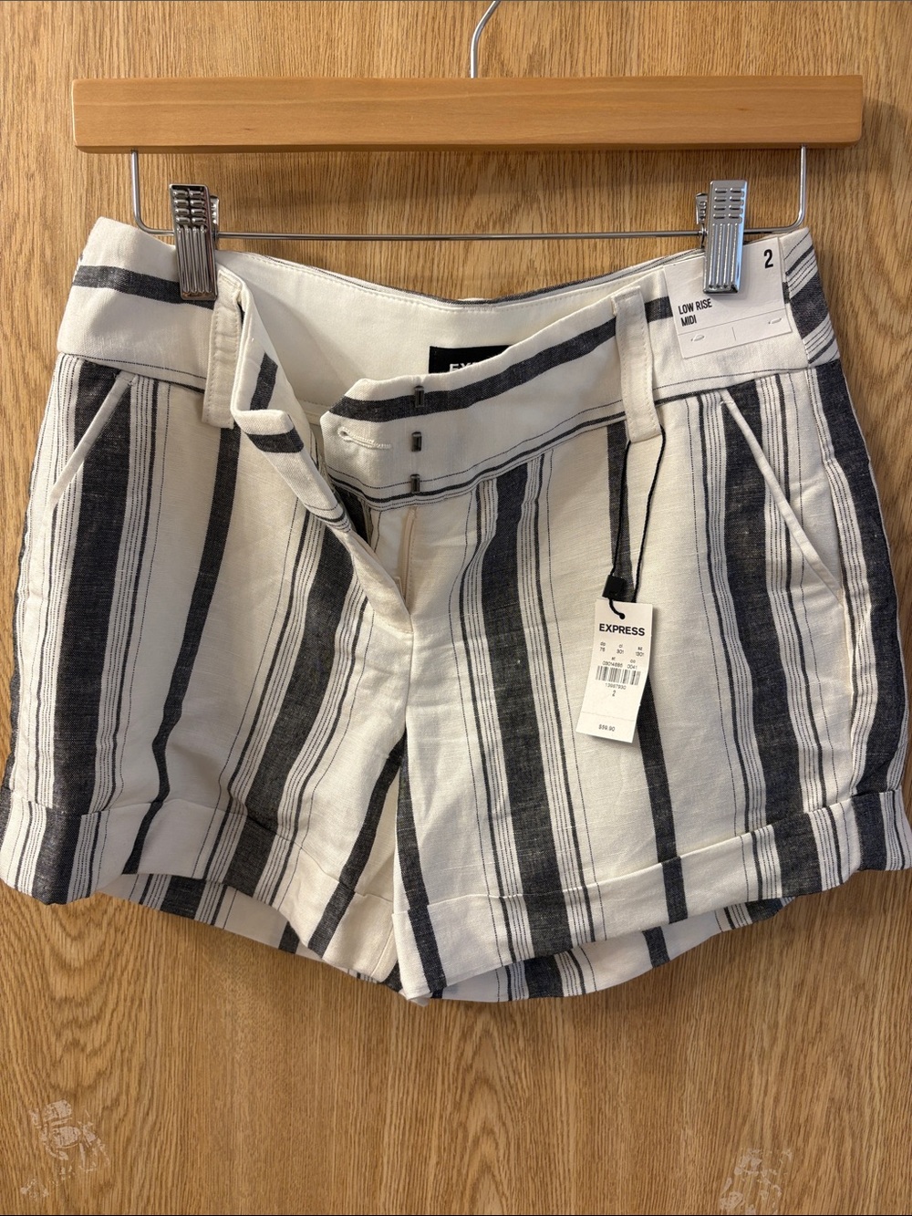Express Black and White Vertical Stripe Linen-Blend Shorts
